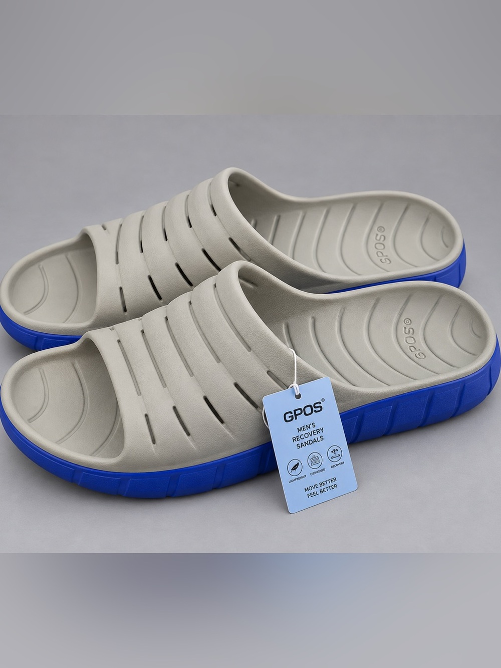 NWT GPOS Men’s Recovery Sandals Size 15 Grey Blue Slides GM267